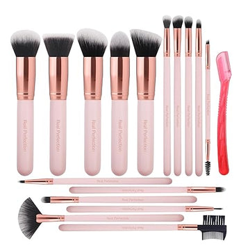 Real Perfection Makeup Brush Set 16 Pcs with 1 Eyebrow Razor Premium Synthetic Foundation Powder Concealers Eyeshadow Blush Makeup Brushes